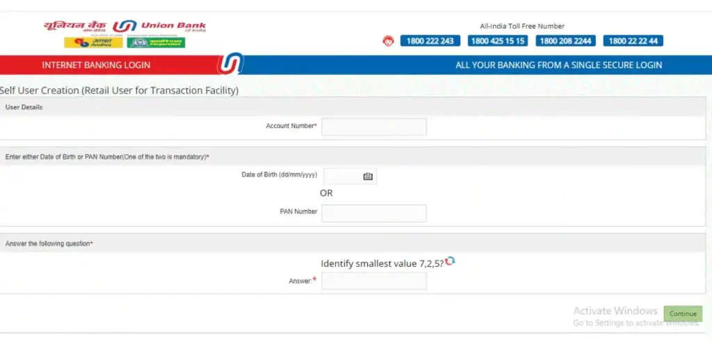 Union Bank net banking registration user details 