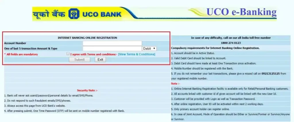 UCO net banking Registration 3