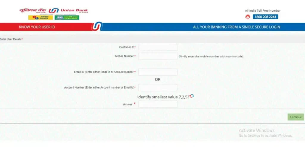 Union Bank forget user id 